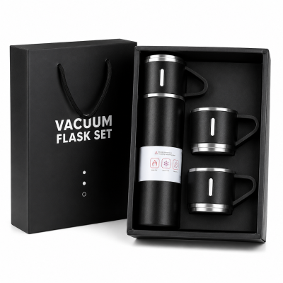 3-Piece Stainless Steel Vacuum Flask Set – 500ml Double-Wall Insulated Thermos Bottle with Cups for Hot & Cold Drinks, Travel & Gifting